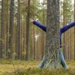 A woman hiding behind a tree with her arms out in exuberance.