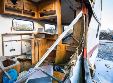 An inside of a wrecked RV