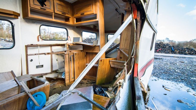 An inside of a wrecked RV