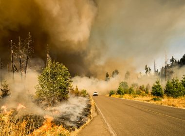 A en emergency vehicle drives out of thick smoked from a wildfire burning on both sides of a road.