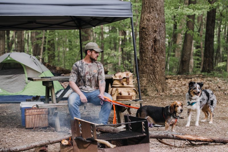 A man and his dogs at his campsite setup in the woods.