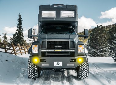 EarthRoamer XV in mountainous terrain traversing through the snow.