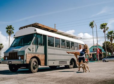 A couple lives and travels in a converted bus, known as a skoolie.