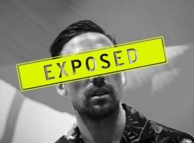 A black and white photo of a man with a shocked expression on his face and the word 'exposed' written over his face.