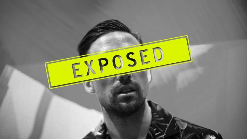 A black and white photo of a man with a shocked expression on his face and the word 'exposed' written over his face.