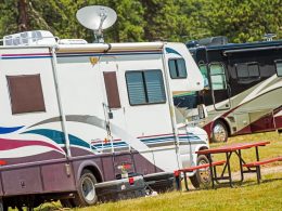 Two motorhomes at a campground, both with swooshy decals on the side.