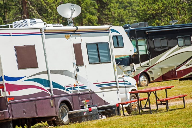 Two motorhomes at a campground, both with swooshy decals on the side.