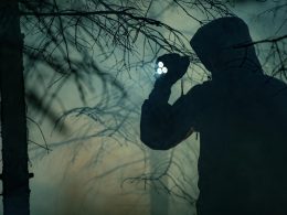 A shadowy figure of a person holding a flashlight as they approach through a dark forest.