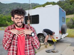 A man disgusted at the idea of emptying his RV blank tank.