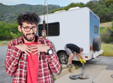 A man disgusted at the idea of emptying his RV blank tank.