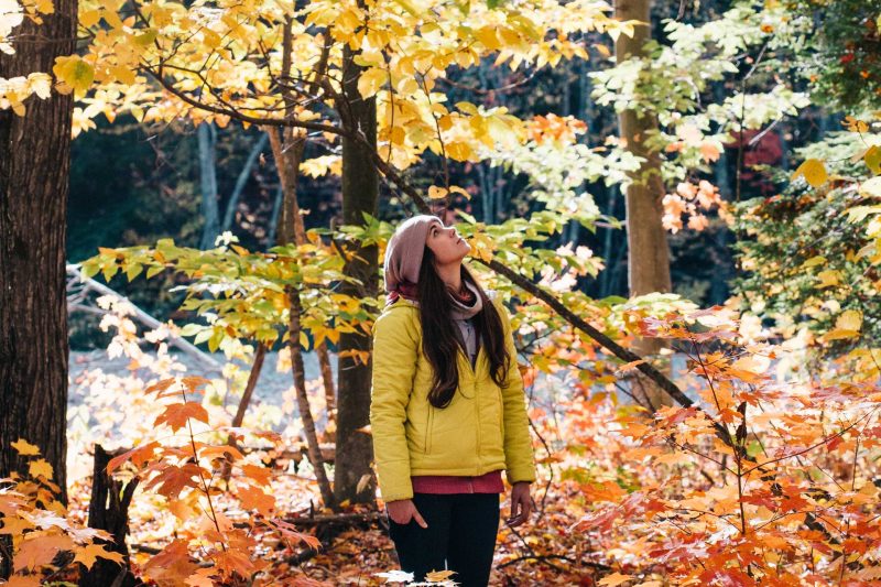 A woman in a bright yellow jacket stands in a forest full of leaves changing colors in fall.
