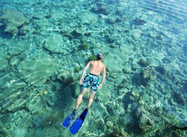 From above, a man snorkels in clear ocean water with the reef below.