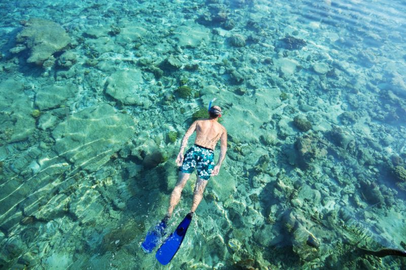 From above, a man snorkels in clear ocean water with the reef below.
