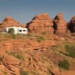 Boondocking with a fifrth wheel travel trailer in the desert.