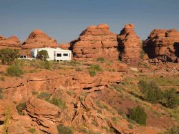 Boondocking with a fifrth wheel travel trailer in the desert.