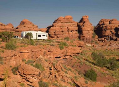 Boondocking with a fifrth wheel travel trailer in the desert.
