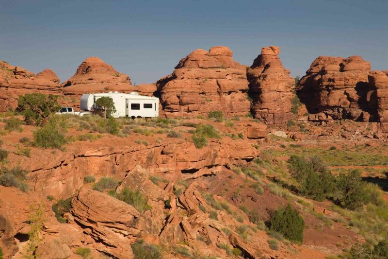 Boondocking with a fifrth wheel travel trailer in the desert.