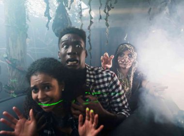 Friends being followed by a monster in a haunted house.