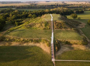 Aerial view of the ancient mounds of the city of Cahokia.