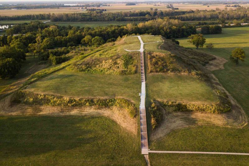 Aerial view of the ancient mounds of the city of Cahokia.