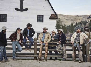 "Yellowstone" premieres Wednesday, June 20 on Paramount Network. John Dutton (center - Kevin Costner), owner of the Dutton Ranch is surrounded by his ranch team (pictured l to r) Walker (Ryan Bingham), Lloyd (Forrie Smith), Rip Wheeler (Cole Hauser), Jimmy (Jefferson White), Colby (Denim Richards) and Fred (Luke Peckinpah.