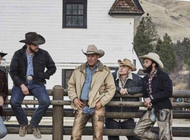 "Yellowstone" premieres Wednesday, June 20 on Paramount Network. John Dutton (center - Kevin Costner), owner of the Dutton Ranch is surrounded by his ranch team (pictured l to r) Walker (Ryan Bingham), Lloyd (Forrie Smith), Rip Wheeler (Cole Hauser), Jimmy (Jefferson White), Colby (Denim Richards) and Fred (Luke Peckinpah.
