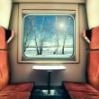 Inside the private cabin of a sleeper train rolling by a wintry landscape.