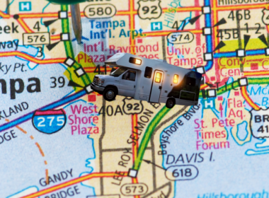 RV driving on map to Tampa RV Show