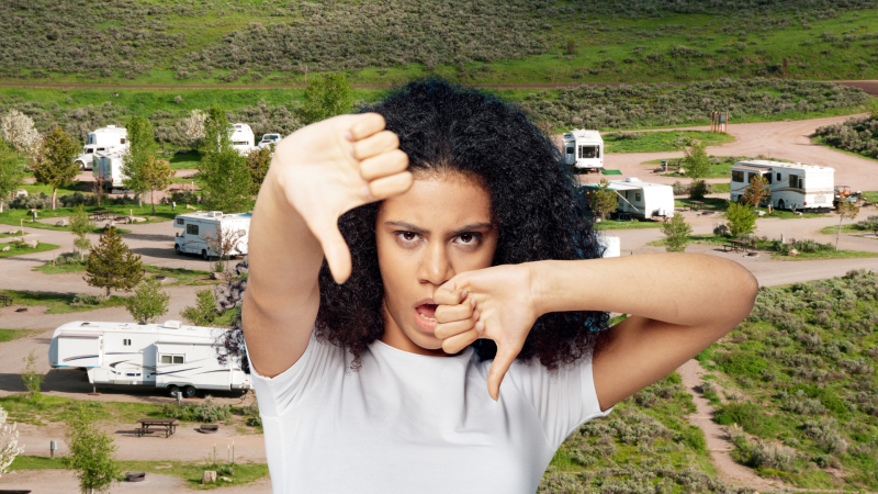 Woman thumbs down at KOA campground