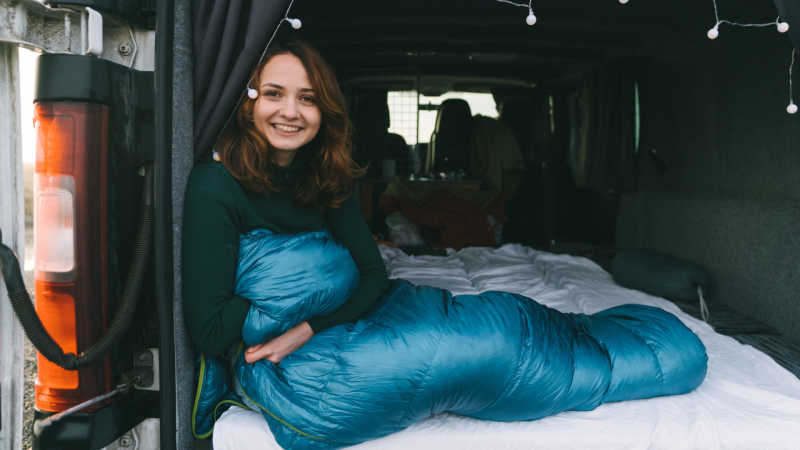 woman camping in car