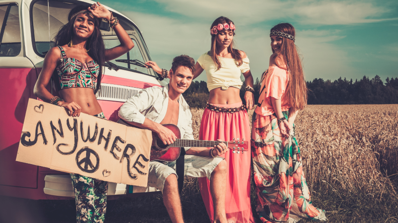 Rainbow Children by old camper van