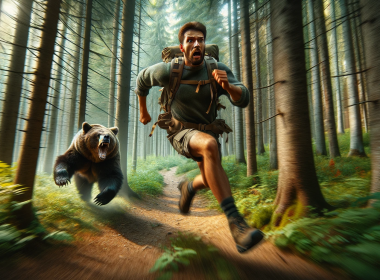A man running away from a bear.