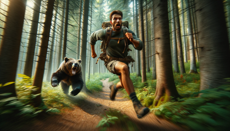 A man running away from a bear.