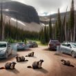 marmots in a parking lot wire cars surrounded by chicken wire
