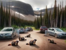 marmots in a parking lot wire cars surrounded by chicken wire