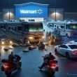 AI image of a hectic night at walmart with motorcycles, police and homeless all around some parked RVs
