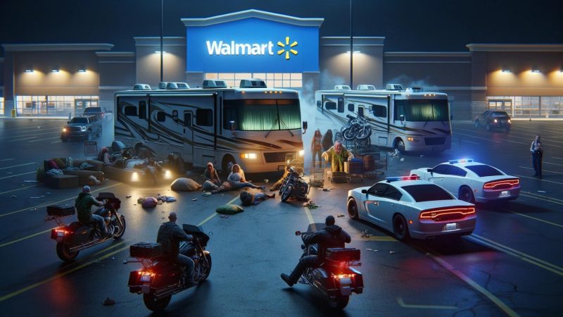 AI image of a hectic night at walmart with motorcycles, police and homeless all around some parked RVs