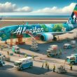 AI image of Hawaiian Airlines jet being rebranded to Alaskan airlines after purchase