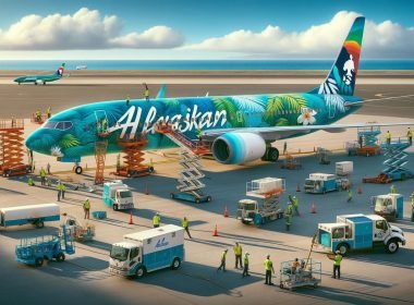 AI image of Hawaiian Airlines jet being rebranded to Alaskan airlines after purchase