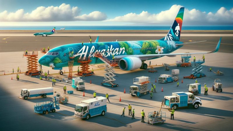 AI image of Hawaiian Airlines jet being rebranded to Alaskan airlines after purchase