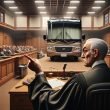 AI image looking over the should of a judge at a court room with a Thor motorhome in it