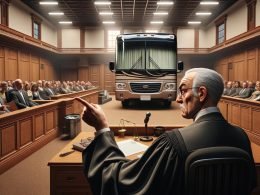 AI image looking over the should of a judge at a court room with a Thor motorhome in it