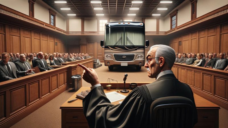AI image looking over the should of a judge at a court room with a Thor motorhome in it