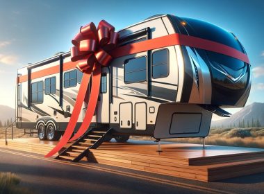 AI image of a fifth wheel on a stage with a red bow on it