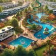 AI image of RV Park with amenities like a lazy river and swim up bar