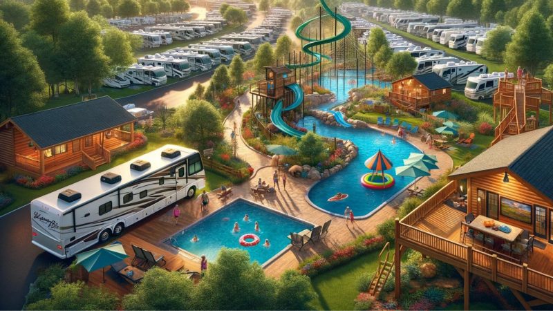 AI image of RV Park with amenities like a lazy river and swim up bar