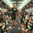 ai image depicting an airplane that is cramped and messy, there is a stewardess arguing with a passanger