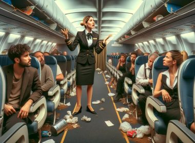 ai image depicting an airplane that is cramped and messy, there is a stewardess arguing with a passanger