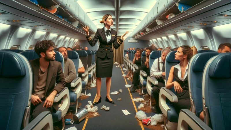 ai image depicting an airplane that is cramped and messy, there is a stewardess arguing with a passanger