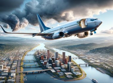 AI image of a plane flying over Portland, OR with a door gone